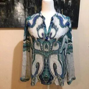 Chicos Sheer Paisley Design Long Sleeved Top w/Rounded Hem V Neck Collar Size 2